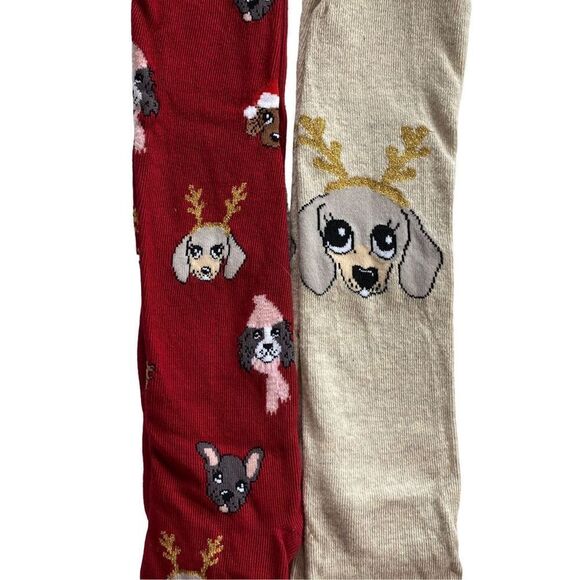 H&M GIRL’S 3T/4T CHRISTMAS 2 PAIR CUTE DOGGIE TIGHTS - Picture 1 of 7